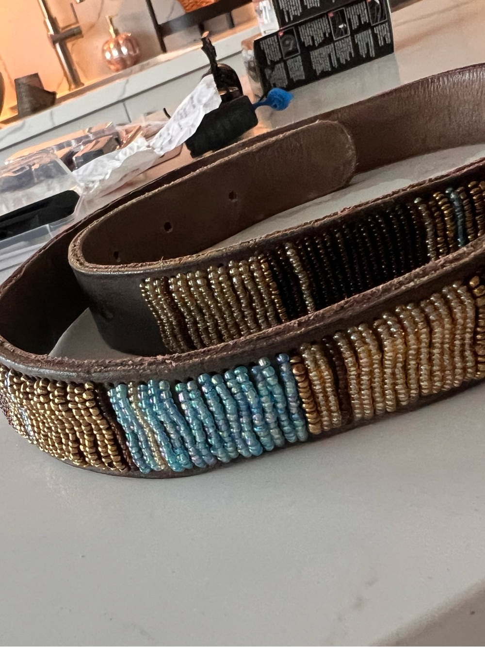 Brown Leather Men's Belt with Teal and Gold Beaded Detail
